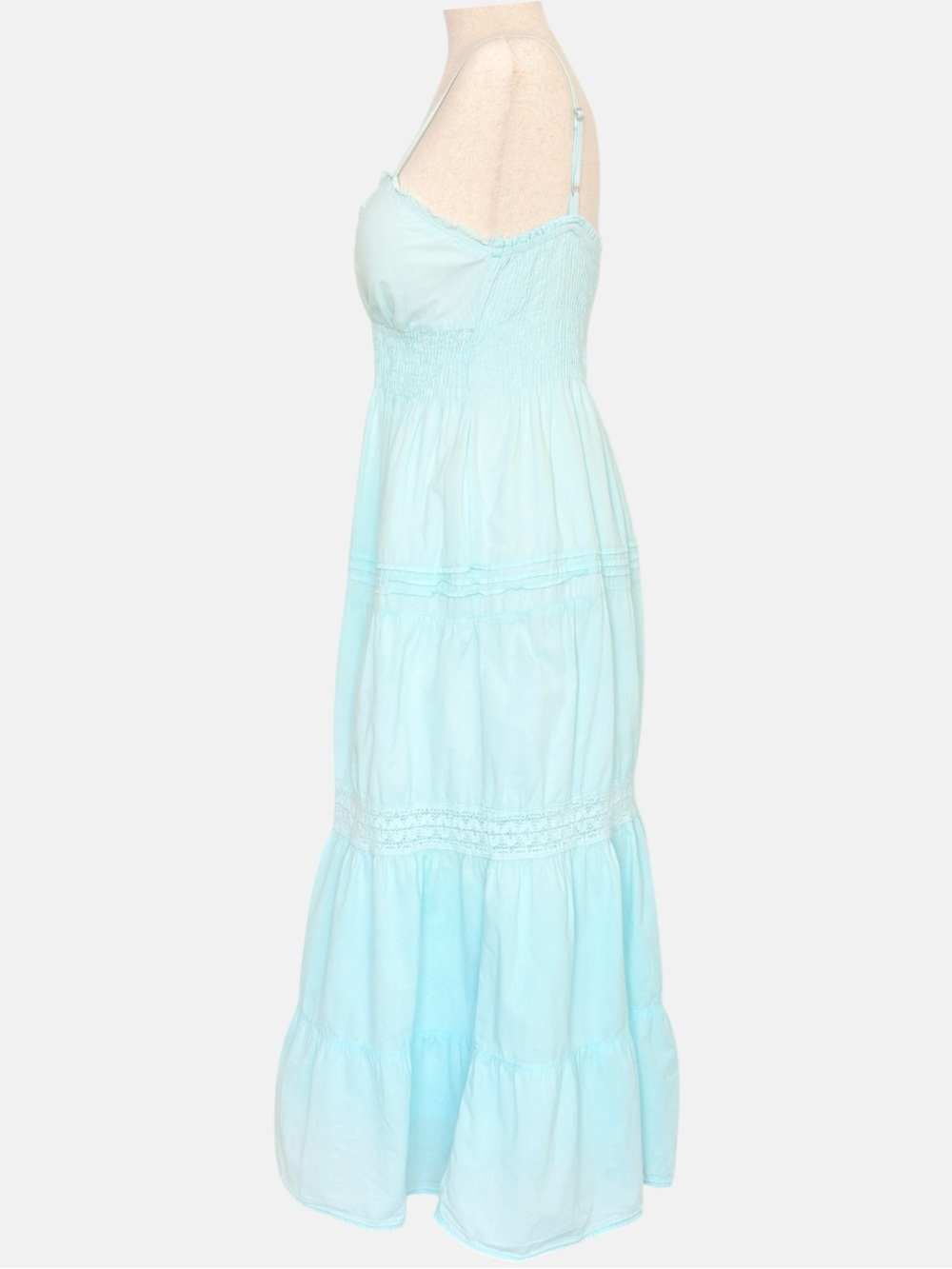 90s Maxi Babydoll Tiered Dress M Lace Trim Costal Cowgirl  Prairie Icy  Blue - Picture 8 of 12